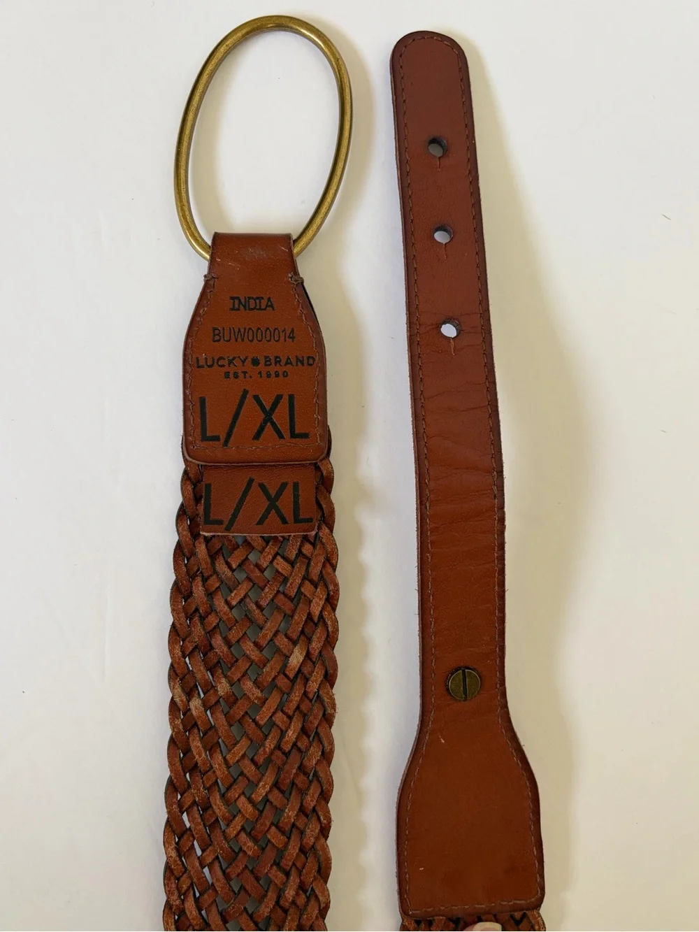 Lucky Brand Brown Leather Braided Belt Brass D Ring Loop Buckle Boho L/XL